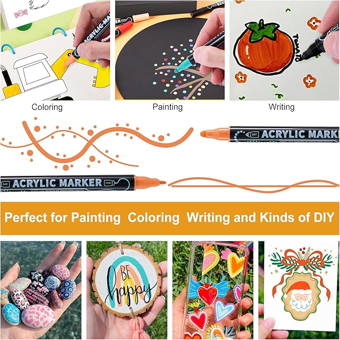 60 Colors Waterproof Dual Tip Acrylic Paint Markers, Dot & Fine Tip Premium Coloring Markers Set for Rock, Glass, Wood, Ceramic Surfaces and DIY Crafts Making Art Supplies