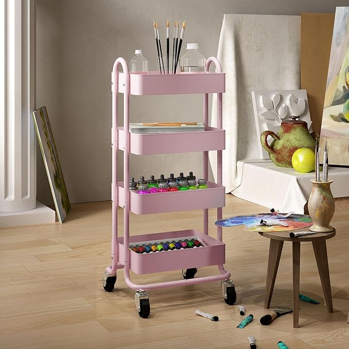 4-Tier Pink Rolling Cart,Metal Utility Rolling Cart with Handle,Multifunction Rolling Carts with Wheels,Kitchen Storage Carts Suitable for Office,Home,Kitchen,Garden（13.4"x18.1"x40"） Pink