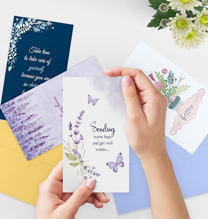 24 Pack Floral Get Well Cards with Self-adhesive Envelopes, 4"x6" Boxed Prefilled Greeting Note Cards to Friends, Relatives or Loved One, 24 Unique Designs