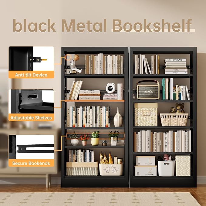 5-Tier Bookcase with Adjustable Storage Shelves, Metal Bookshelf with Book Stopper, Bookcase Shelf for Library, Office, Living Room