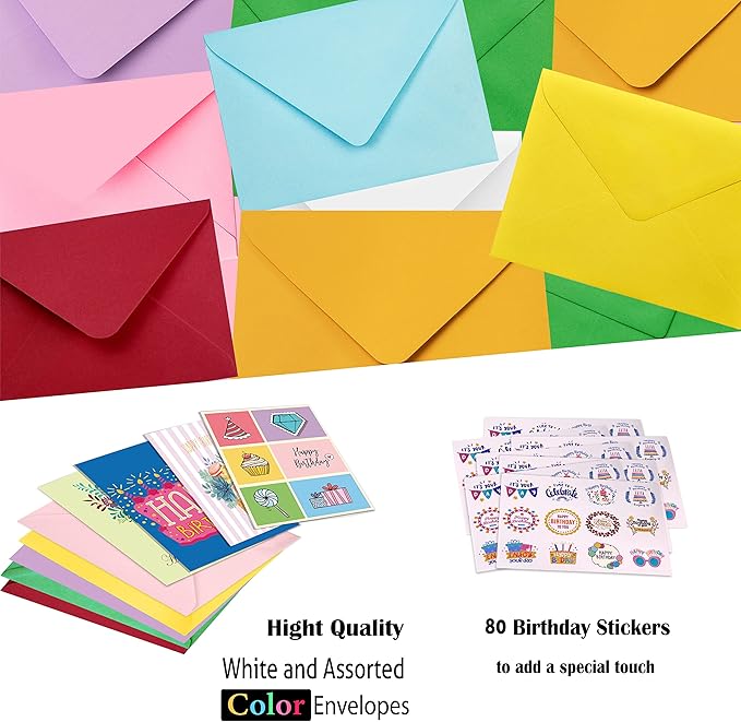 80 Unique Birthday Cards- Happy Cards Bulk With Greetings Inside – Assorted Envelopes and Stickers -Large 5 x 7 inches- Greeting Box Set