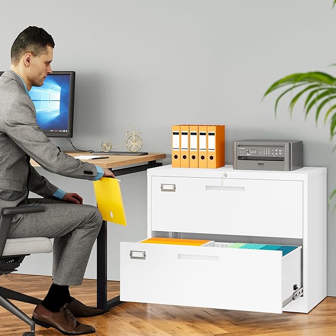SISESOL 2 Drawer Lateral File Cabinet with Lock,White Lateral Filing Cabinet,Horizontal Metal Filing Cabinets,Locked Wide Two Drawer File Cabinets for Office Home,Fit A4/F4/Letter/Legal File