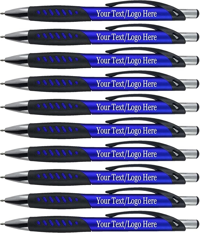SyPen Promotional Pens With your Custom Logo or Text-300 Pack Bulk-for Businesses, Parties, and Events, Custom Printed Metallic/Colored Click Action Ballpoint Pens, Rubber Grip, Black Ink, Blue