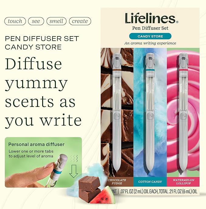 Lifelines Pen Diffuser Set, Candy Store 3-Pack - 1mm Black Ballpoint Pens with Scented Essential Oil Blends – Aromatherapy Diffuser & Sensory Immersion Diffuse Aroma As You Write