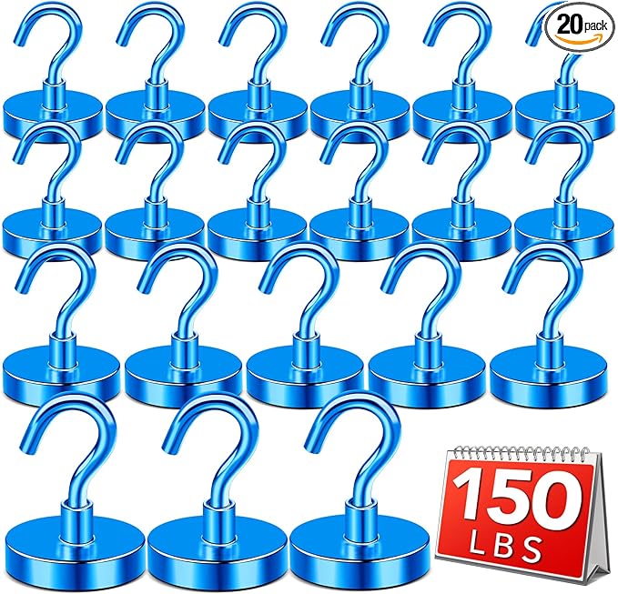 DIYMAG Blue Magnetic Hooks, 150 LB Heavy Duty Strong Magnets with Hooks, Strong Rare Earth Neodymium Magnet Magnetic Hooks for Cruise Cabins Cruise Ship Essentials 20 Packs