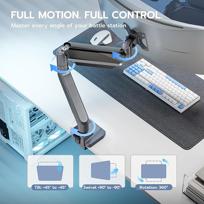 ARES WING Single Monitor Arm, Heavy Duty Adjustable Monitor Arm for 13"-45" Screens with USB, Gas Spring Desk Mount Stand with C Clamp/Grommet Mounting Base up to 40lbs Computer, Gray