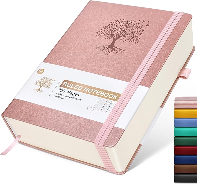 Lined Journal Notebook, 365 Pages B5 Large Journals for Writing Ruled Notebook, Pink Hardcover Leather Journals for Women Men, Daily Notebook for Work, Note Taking, 100Gsm Thick Paper( 7.6'' X 10'' Rose Gold)