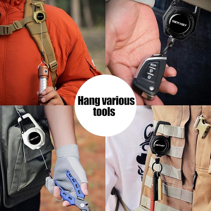Retractable Keychain Heavy Duty, Multitool Carabiner Badge Holder, Retractable Keychain Clip Id Holder, Tactical ID Badge Reel with 29.5" Steel Retractable Cord, 2Pack Green