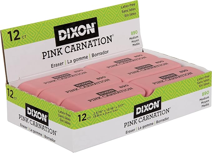 Dixon Pink Carnation Wedge Erasers, Medium, Pink, 2" x .75", 12-Pack (38900)
