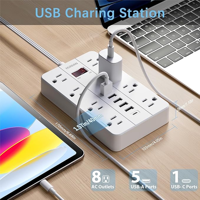 Extension Cord Power Strip Surge Protector 15 Ft, HUNIAN Flat Plug with 8 Widely Spaced Outlets 6 USB (1 USB C Port), Wall Mount Charging Station for Home and Office