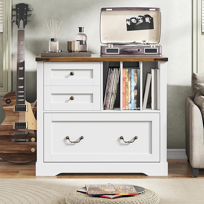 Farmhouse File Cabinet for Home Office, Lateral Filing Cabinet with 3 Drawers & Folder Organizer, Office Storage Cabinet for A4 Letter Files, Printer Stand with Storage Cabinet, White & Walnut