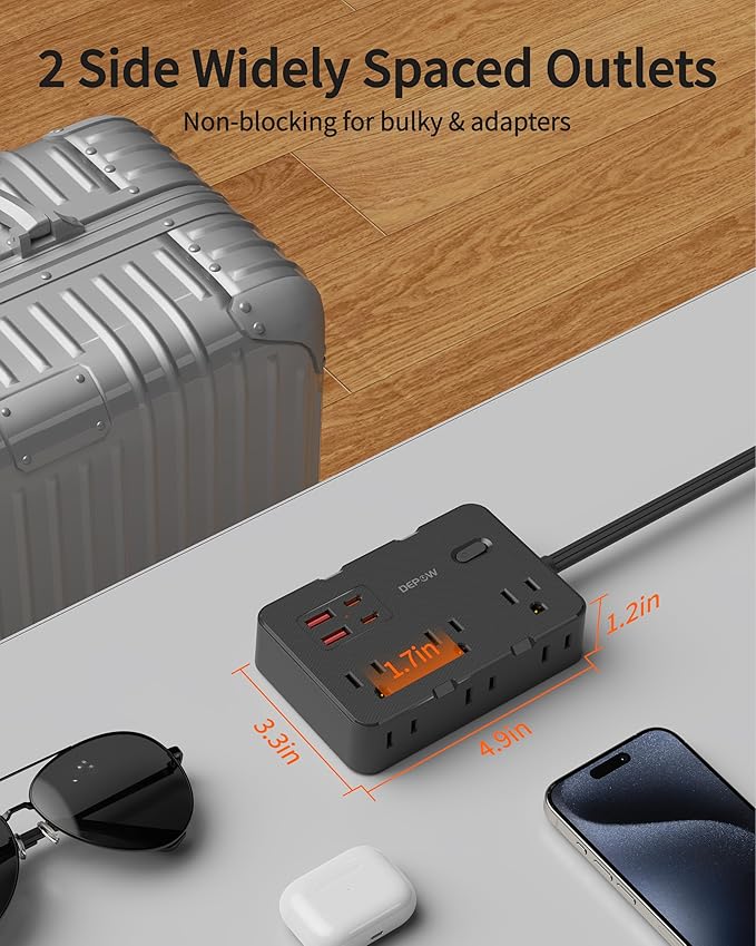 Surge Protector Power Strip, 5 FT Extension Cord with 6 AC Outlets 4 USB Ports,1050J Surge Protection, Wall Mountable Charging Station for Office, Home, Black
