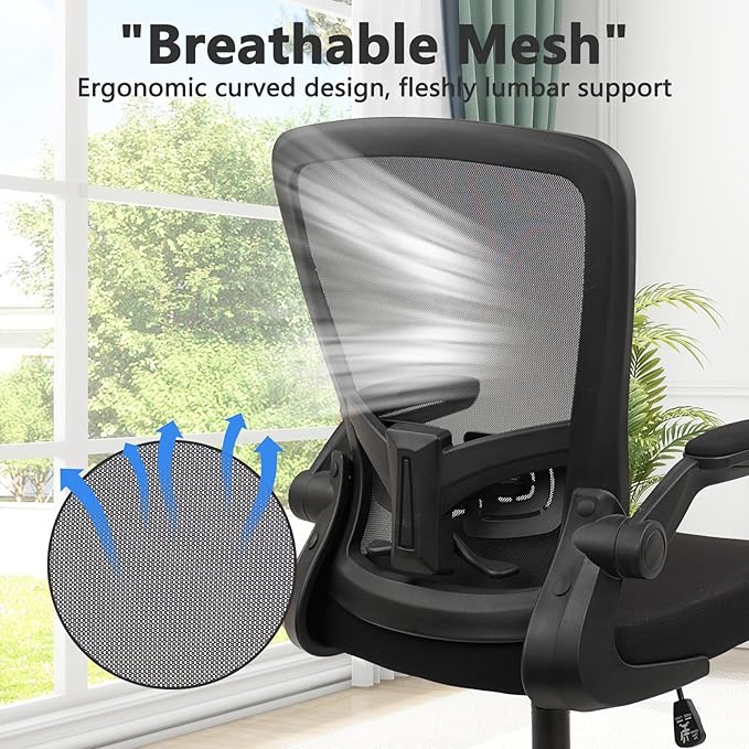 Office Desk Chairs with Wheels, Ergonomic Mesh Chair with Adjustable Height Lumbar Support, Rolling Swivel Computer Task Chair with Flip Up Armrests for Home, Study, Conference, Black (2PK)