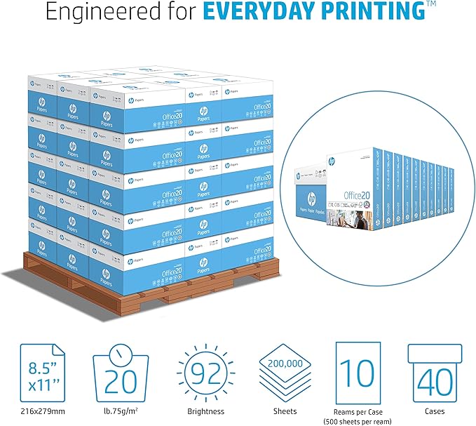 HP Printer Paper | 8.5 x 11 Paper | Office 20 lb | 1 Pallet - 40 Cartons - 200,000 Sheets | 92 Bright | Made in USA - FSC Certified | 112101P
