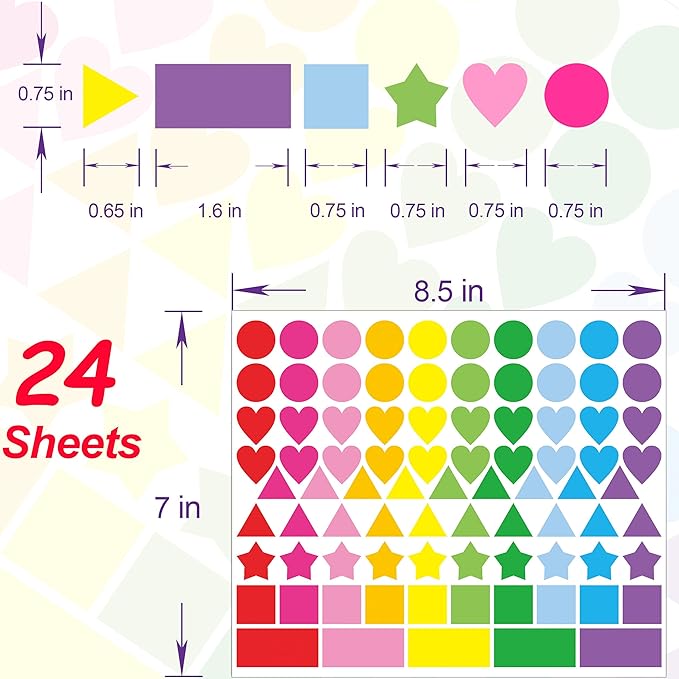 2016 PCS Colored Shape Stickers 10 Colors 6 Shape Dot Stickers Color Coding Labels for Classroom,Office,Etc(Round,Hearts, Stars,Triangle,Square,Rectangle)