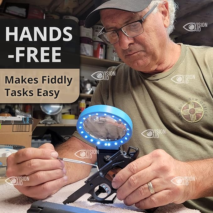 VISION AID 30X Hands-Free Magnifying Glass with 21 LED Lights for Coins Jewelry Crafts Hobby 40X Loupe Handheld or Desktop Stand Magnifier for Seniors Reading Watch Repair Soldering Close Work