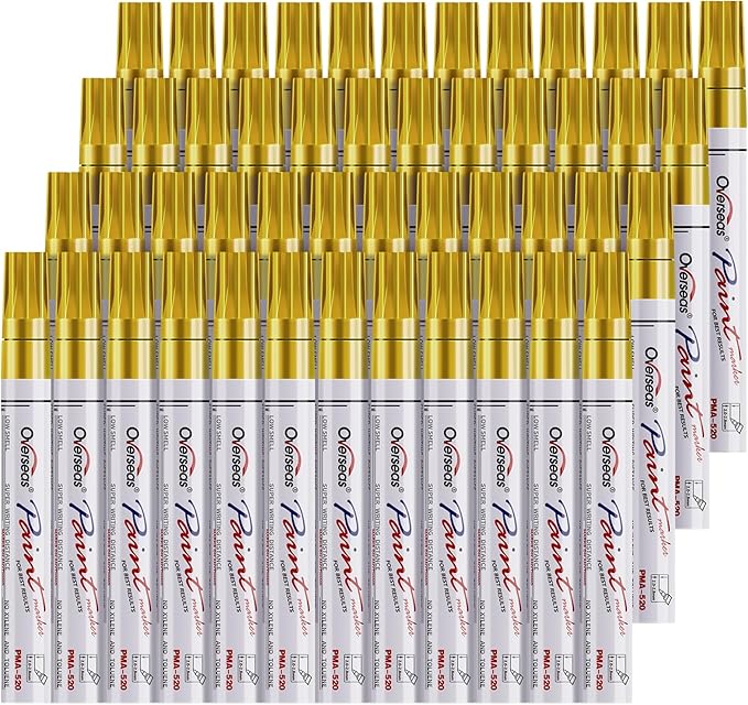Overseas 48 Gold Paint Pens, Oil Based Permanent Markers Set - Quick Drying, Waterproof, Fade-Resistant, Medium Tip Paint Markers Bulk for Wood, Metal, Rock, Ceramic, Plastic, Canvas, Glass, Rubber