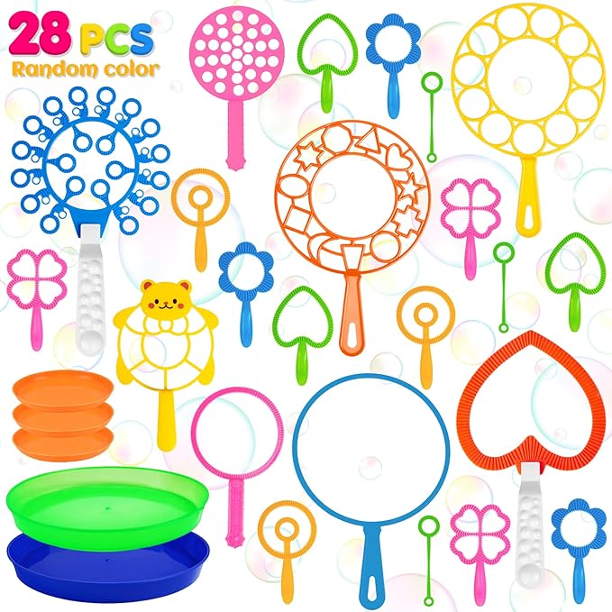 Roberly 28 Pcs Big Bubble Wands Set Bulk for Kids Summer Outdoor Activities Party Favors Gifts Birthday Games, Giant Bubbles Making Toys with Tray