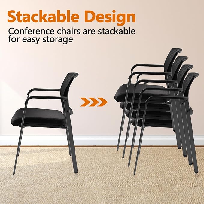 CLATINA Mesh Back Stacking Arm Chairs with Upholstered Fabric Seat and Ergonomic Lumber Support for Office School Church Guest Reception Black 4 Pack Set New Version