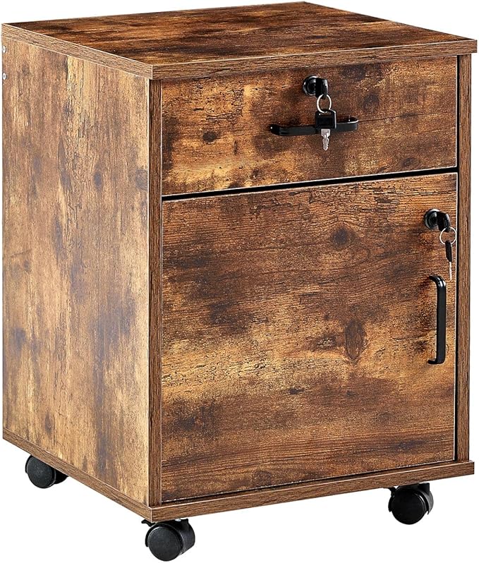 CLIPOP Rolling Storage Cabinet with Drawer, Home Office Cabinet with Lock, Under Desk Storage Cabinet for Office (Rustic Brown)