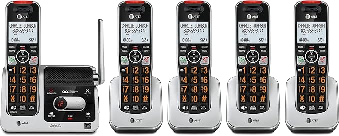 AT&T BL102-5 DECT 6.0 5-Handset Cordless Phone for Home with Answering Machine, Call Blocking, Caller ID Announcer, Audio Assist, Intercom, and Unsurpassed Range, Silver/Black