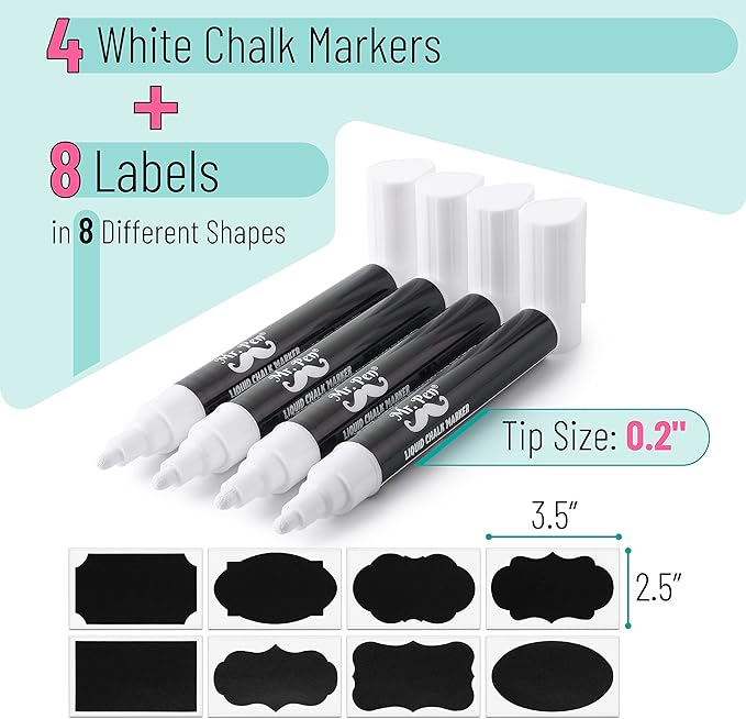 Mr. Pen- White Chalk Markers, 4 Pack, Dual Tip, 8 Assorted Colors, For Non-Porous Surfaces, Reversible Chisel and Bullet Tip