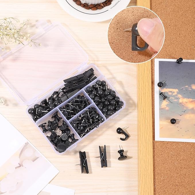 200 Pieces Push Pins Thumb Tacks Black Push Pins for Cork Board, 5 Style for Bulletin Boards Wall Maps Pictures Office Home Supplies