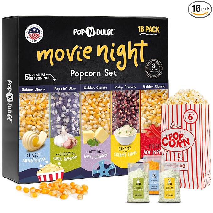 Popcorn Movie Night Supplies Popcorn Kernels Popcorn Seasoning 16 Pack, 5 Gourmet Popcorn Kernels, 5 Popcorn Seasoning Variety Packs Non-GMO Snacks, Includes 6 Bags, Gift Basket Idea