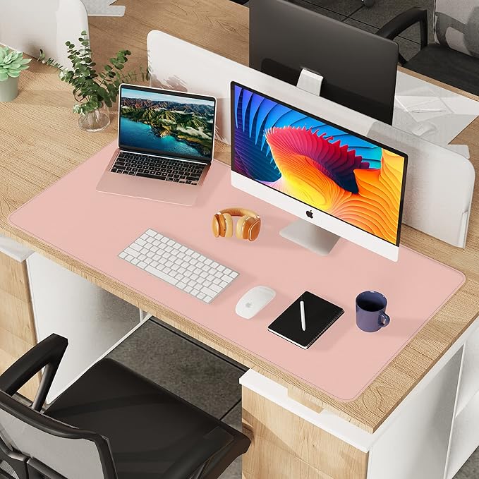 Leather Desk pad Protector, Large Desk mat with Natural Cork & PU Leather,Mouse pad,Non-Slip Office Desk Mat,Waterproof Desk Writing Pad for Office and Home (47in*23.7in, Pink)