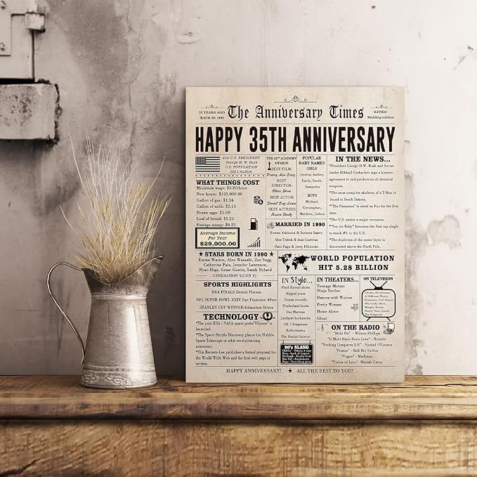 Big 35th Anniversary Card for Him Her, Retro 35 Year Anniversary Card Gift for Wife Husband Couple, Vintage Coral Wedding Gifts for Couples Parents