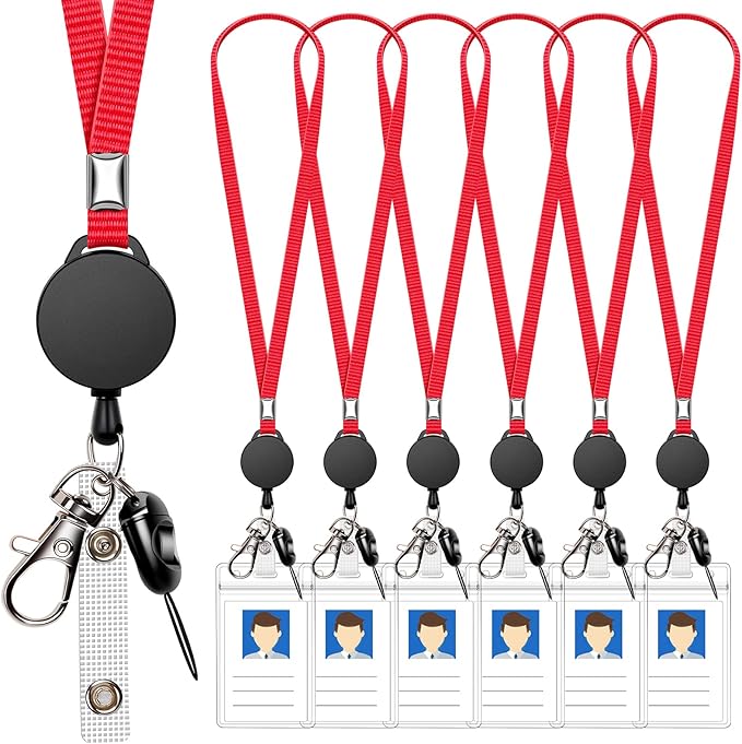 6 Pack Retractable Badge Lanyards and ID Badge Holder, Strap Lanyard with Swivel Metal Clasp for Badge Holders, Keychains, Offices, Staff, Students, Employees, Rosy