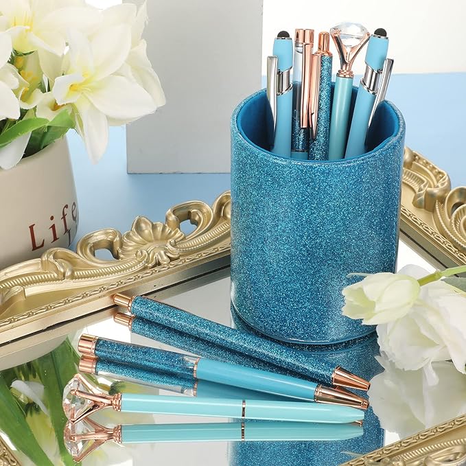 Sabary 8 Pcs Ballpoint Pens with Pen Holder for Desk Glitter Crystal Diamond Fancy Pencil Holder Bling Desk Organizer Cute Stationery Supplies for Women Girls Wedding Office School Gifts(Blue)