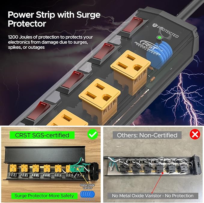 CRST 6 Outlet Metal Heavy Duty Power Strip with Individual Switches, 6FT Wall Mount Garage Power Strip, Surge Protector (1200 Joules), 15amp/1875W, 14AWG SJT Power Cord