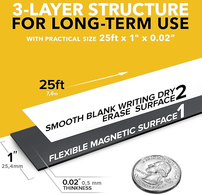 X-bet MAGNET Magnetic Strips - 1 Inch x 25 Feet Magnetic Tape Roll - Blank Write On Magnets - Sticky Labels and Stickers - Writable Flexible Magnet Sheet for Whiteboards, Refrigerator and Crafts