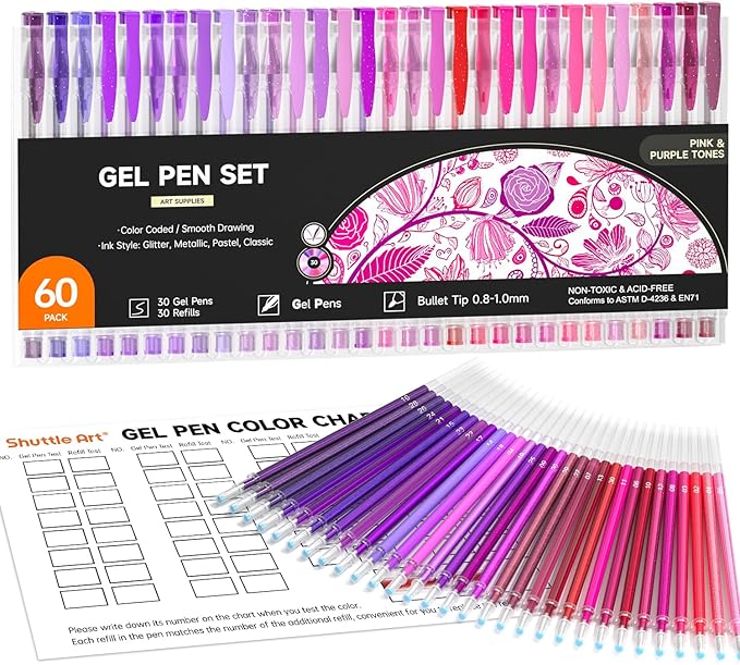 Shuttle Art 60 Pack Tone , Pink Purple Gel Pens with 30 Refills for Adults Coloring Books Journaling Drawing Nature, Landscapes, Animals Scenes