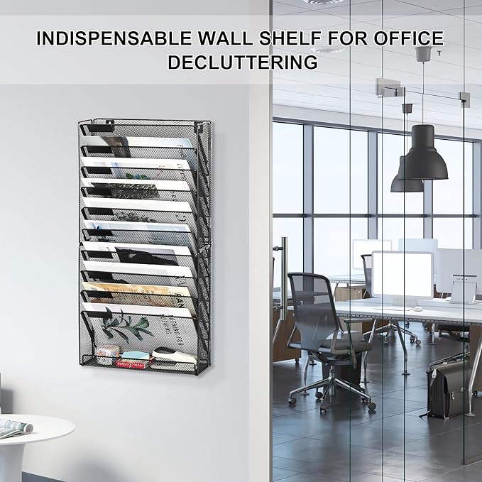 EasyPAG 11 Tier Wall File Holder with Flat Tray, Black | Easy Assemble Mesh Desk File Organizer | 10-Folder Paper Storage | Replaceable Classify Labels | Space Saving Mail Organizer for Office Home