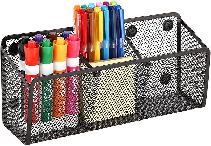 Magnetic Pencil Holder - Extra Strong Magnets Mesh Marker Holder Perfect for Whiteboard, Refrigerator and Locker Accessories (3 Baskets, 1 Pack Black)