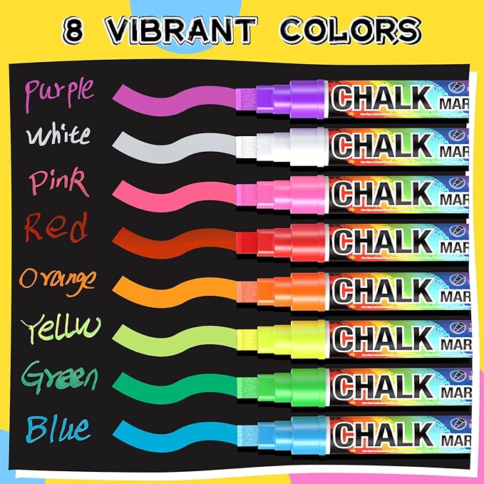 Jumbo Chalk Window Markers for Cars Glass Washable: 8 Colors Liquid Chalk Markers Pen with 10mm Wide Tip, Chalkboard Marker, Window Paint Marker for Car Window, Blackboard, Auto Windshield Decorations