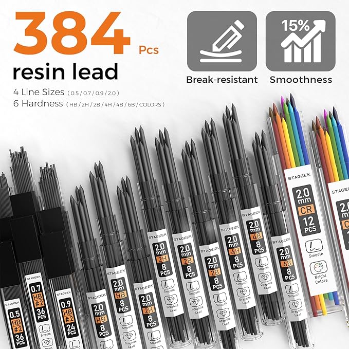 35PCS Black Art Mechanical Pencil Set in Case，0.5 0.7 0.9 2.0 Graphite Metal Drawing Drafting Pencils, Sharpener Erasers 384PCS Lead Refills (6B 4B 2B HB 2H 4H Colors) for Writing Sketching