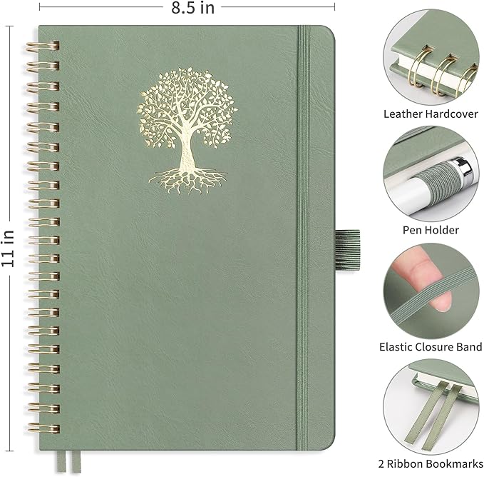 RETTACY Spiral Journal Notebook, 110 Numbered Pages, A4 Large Size (8.5'' x 11''), for Men & Women, Journaling, Writing, Work & Office, Leather Hardcover, 100 GSM Thick Paper (Light Green)
