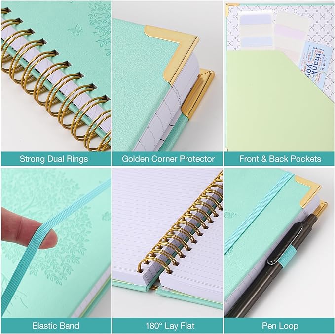 Spiral Notebook, College Ruled Notebook, 8" x 10", 300 Pages Leather Journals for Writing, B5 Hardcover Journaling Notebooks for Work School, 24pcs Tabs, Large Embossed Journal for Women Men, Green