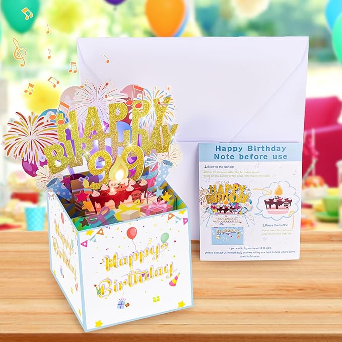 Tnvee 99TH Birthday Cards with Lights & Music & Candle, 3D Large Pop Up Happy Birthday Cards for Women Man Greeting Cards Decorations for 99 Years Old Mom Dad Grandparents