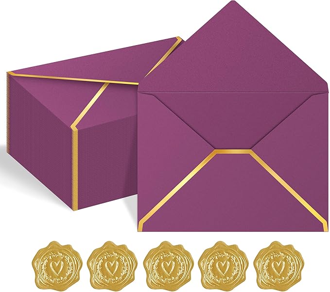 60 Pack Gold Envelopes 5x7 Bulk Wine, 250G Pearled Cardstock A7 Envelopes for Invitations Business Mailing Envelope with Gold Foil Border, A6 4x6 Envelopes for Wedding Baby Shower Cards