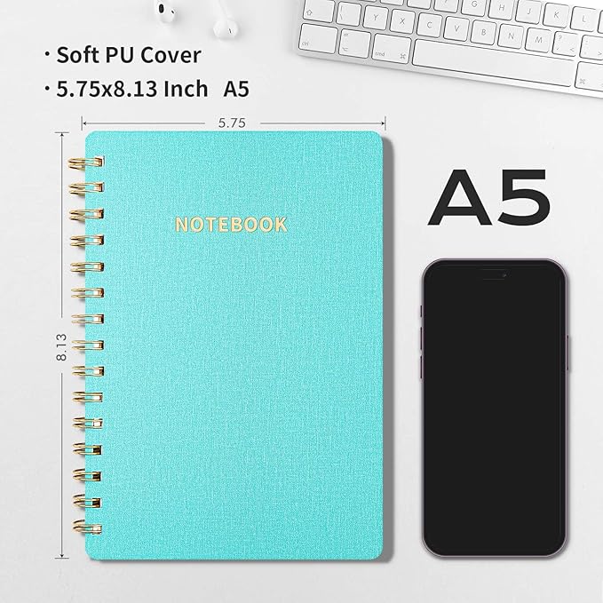 Lined Spiral Notebook College Ruled A5 Journal Book for Note Taking, 160 Pages Writing Journal for Office and Home School Supplies 5.75x8.125 inch - MintGreen