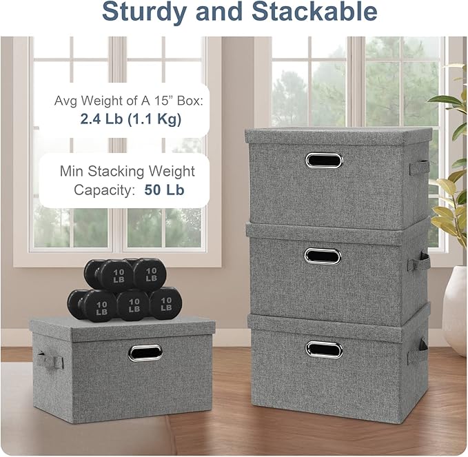 Medium 15" 21 Quart Collapsible Stackable Storage Bins with Lids, 1 Pack Gray Foldable Fabric Closet Storage Boxes with Lids, 4 Handles Heavy-duty Linen Cube Baskets for Bedroom