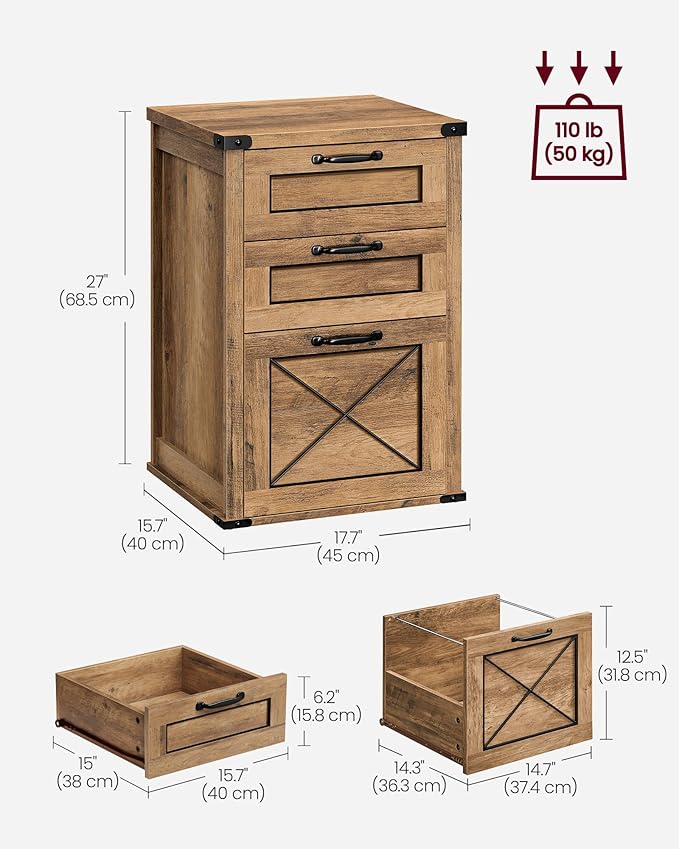 VASAGLE File Cabinet, Filing Cabinet with 3 Drawers, Printer Stand, Fit A4, Letter Size, Hanging File Folders, Modern Farmhouse Style, for Home Office, Honey Brown UOFC054T41