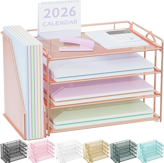 Spacrea Desk Organizers and Accessories, Paper Organizer for Desk with File Organizer, Desk Accessories & Workspace Organizers for Office Supplies (Rose Gold)