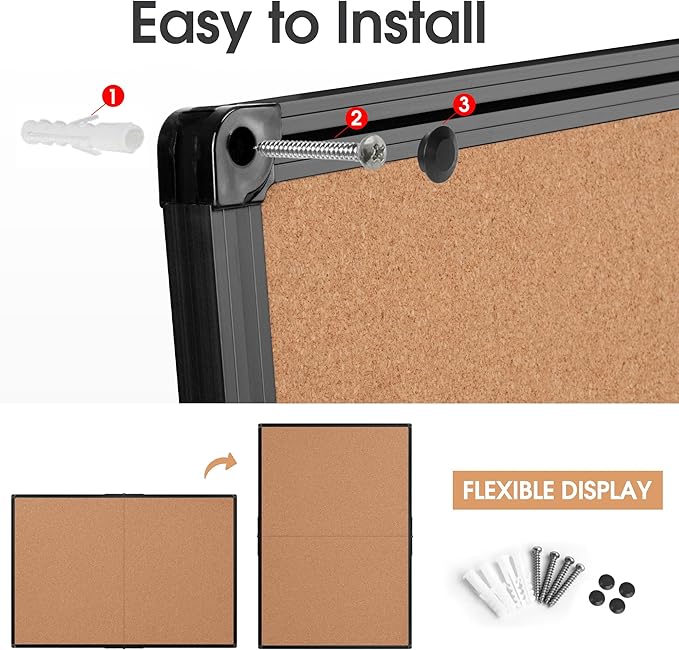 Board2by Cork Board Bulletin Board 36 x 48, Foldable Notice Pin Board for Wall, Black Aluminum Framed 4x3 Corkboard, Large Wall Mounted Office Board with 36 Push Pins for School & Home