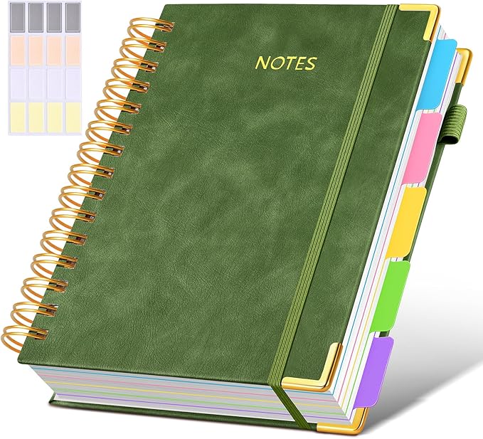 Hardcover Spiral Notebook journal with Removable Dividers Tabs, 300 Pages Leather 5 Subject Notebook College Ruled, 100GMS A5 Notebooks for Work School Note taking,Lined Journal for Women,A5-Green