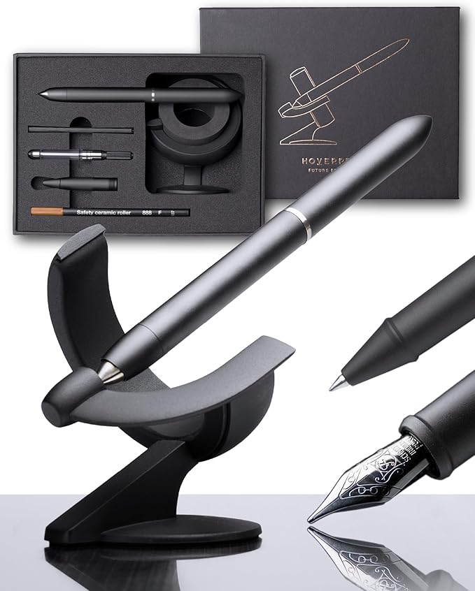 novium Hoverpen Future Edition - Luxury Fountain Pen & Rollerball Pen All-In Gift Box, Fine Nib, Futuristic Aesthetic, Aerospace Metal Made, Free Spinning Executive Pen, Gifts for Boss (Deep Black)